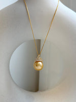 Elly’s South sea deep golden ocean pearl pendant: 12.7mm, Extreme luster mirrored, 2cm high, s925 silver vintage pendant. gift for her Valentine’s Day