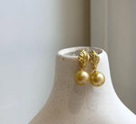 Elly’s 9.9mm South sea ultra gold ocean Pearls Leaf Earrings: Extreme luster mirrored, S925 silver cool earrings. Pearl jewelry Idea. gift for her