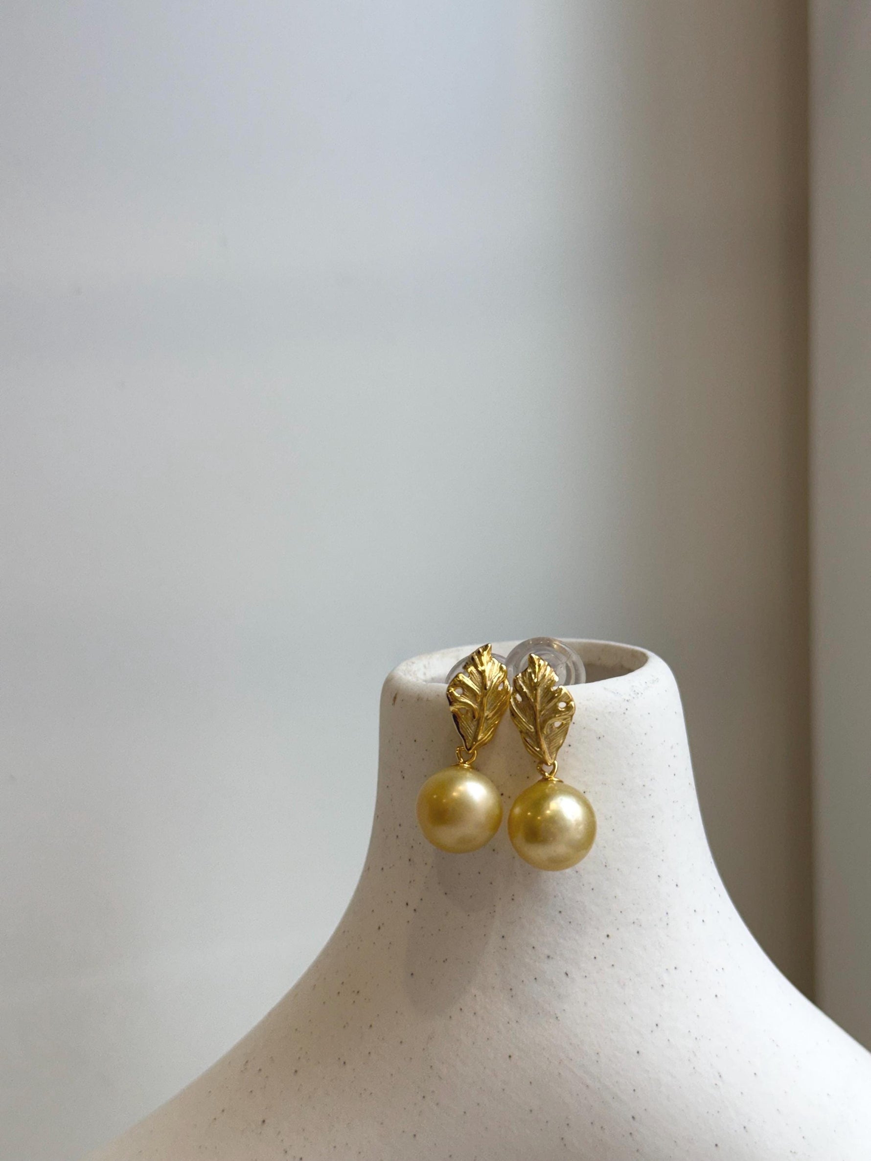 Elly’s 9.9mm South sea ultra gold ocean Pearls Leaf Earrings: Extreme luster mirrored, S925 silver cool earrings. Pearl jewelry Idea. gift for her