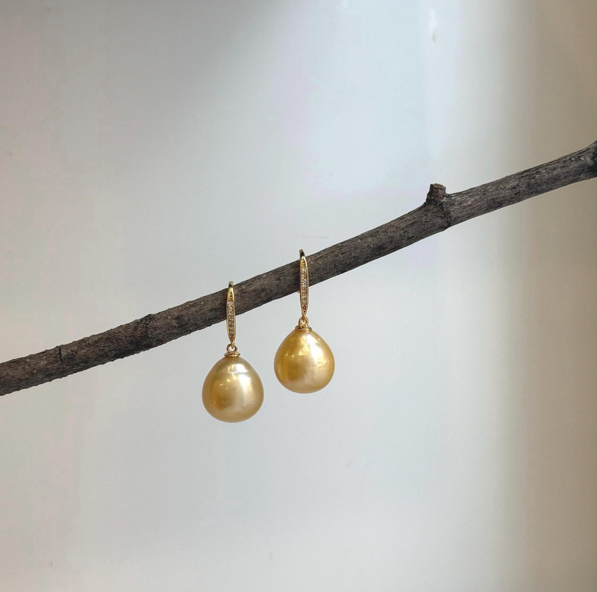 Elly’s 13.5mm South sea light golden ocean Pearls Earrings hooks: Extreme luster mirrored, 3cm high, S925 silver cool earrings hooks. gift for her Valentine’s Day