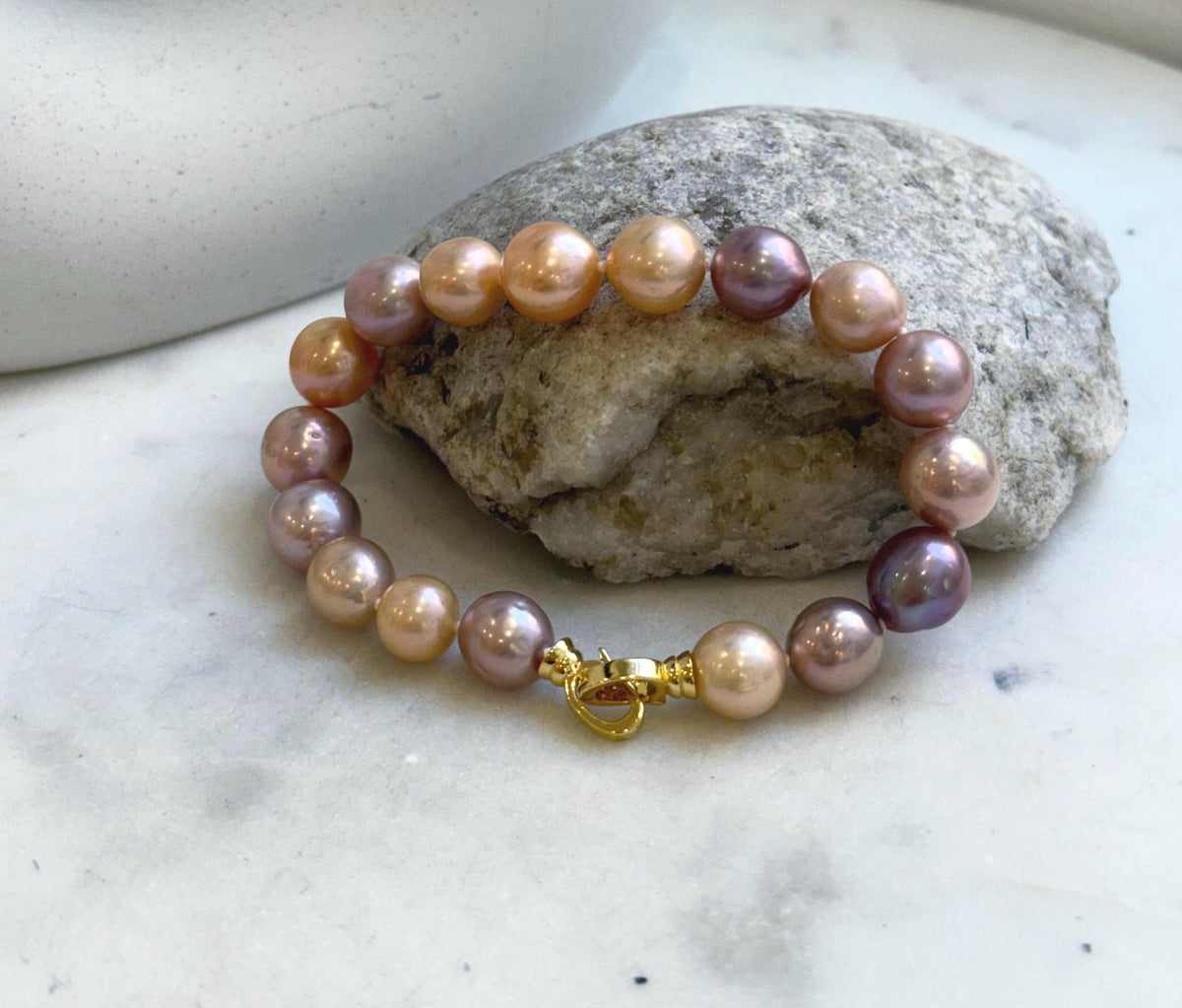 Elly’s 17pcs 9.3-11.2mm Natural Multicolor Edison Pearls Bracelet: Extreme luster mirrored, 8.3” knotted, S925 silver Bracelet. gift for her Valentine’s Day