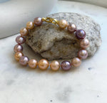 Elly’s 17pcs 9.3-11.2mm Natural Multicolor Edison Pearls Bracelet: Extreme luster mirrored, 8.3” knotted, S925 silver Bracelet. gift for her Valentine’s Day party