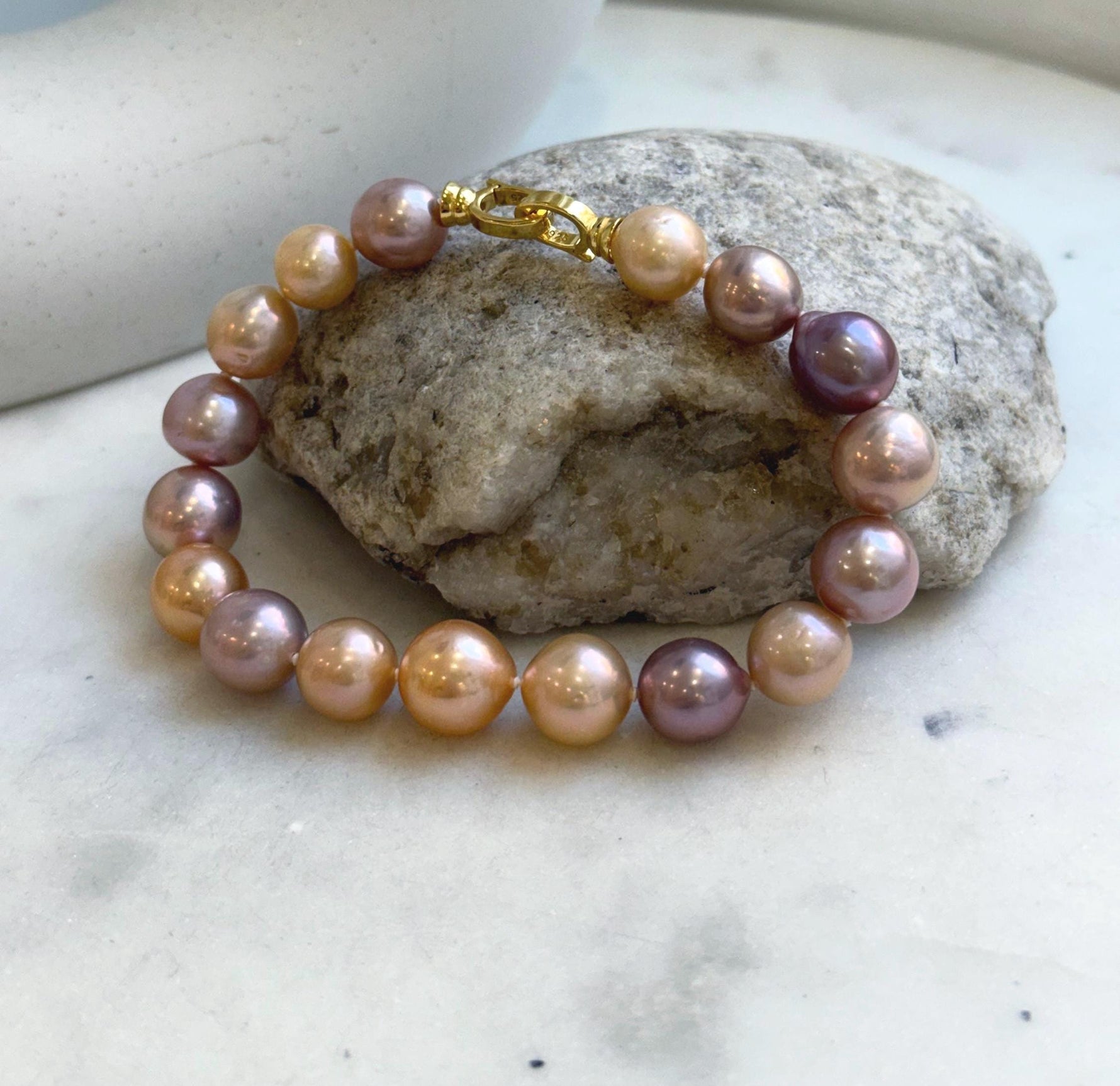 Elly’s 17pcs 9.3-11.2mm Natural Multicolor Edison Pearls Bracelet: Extreme luster mirrored, 8.3” knotted, S925 silver Bracelet. gift for her Valentine’s Day party