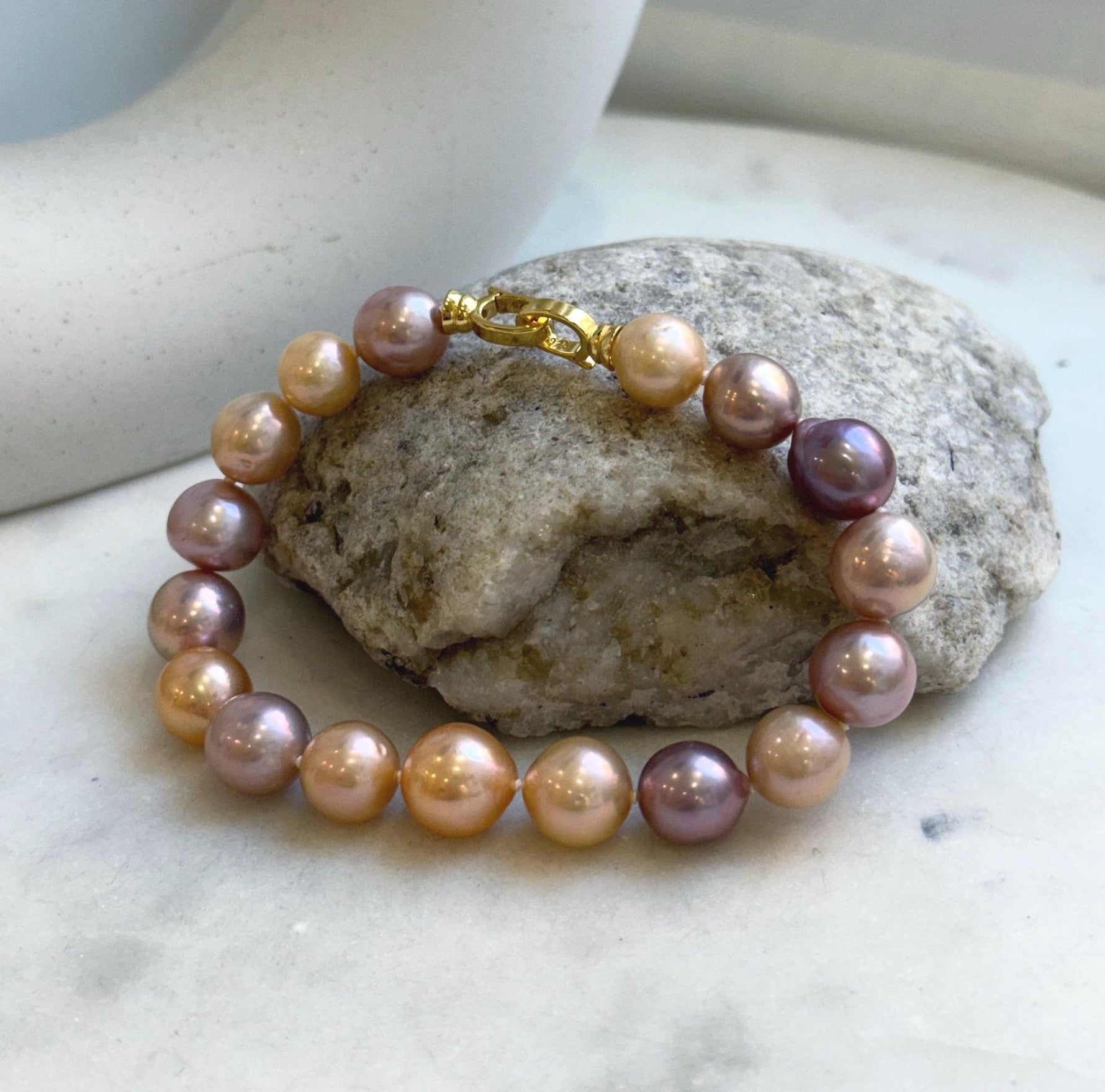 Elly’s 17pcs 9.3-11.2mm Natural Multicolor Edison Pearls Bracelet: Extreme luster mirrored, 8.3” knotted, S925 silver Bracelet. gift for her Valentine’s Day