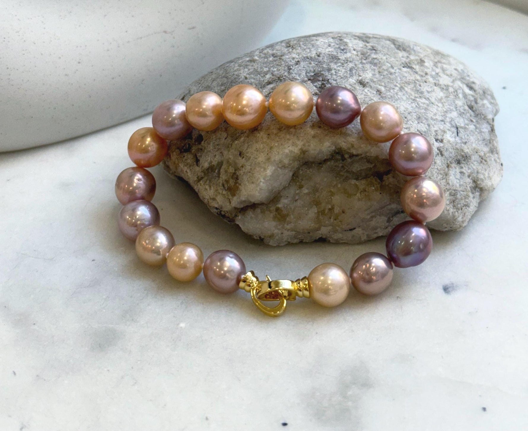 Elly’s 17pcs 9.3-11.2mm Natural Multicolor Edison Pearls Bracelet: Extreme luster mirrored, 8.3” knotted, S925 silver Bracelet. gift for her Valentine’s Day