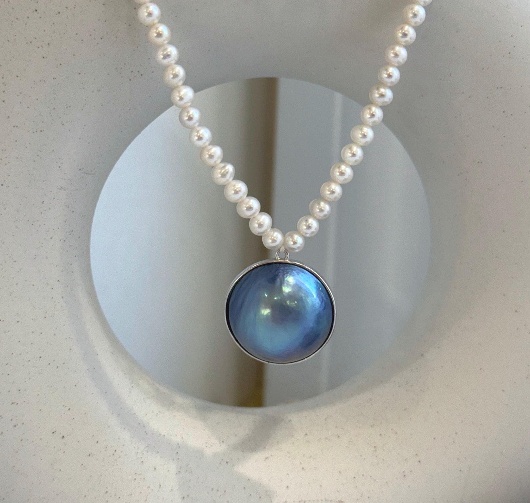 Elly’s 23mm huge blue iridescent Ocean Round Mabe Pearl Pendant white pearls necklace: Extreme luster, S925 Silver base pendant Necklace Set