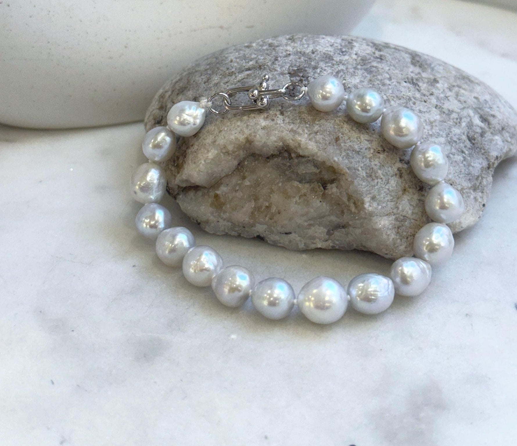 Elly’s 17pcs 8.2-10mm White iridescent crinkle Pearls Bracelet: Extreme luster mirrored, 7.8” knotted, S925 silver Bracelet. gift for her Valentine’s Day