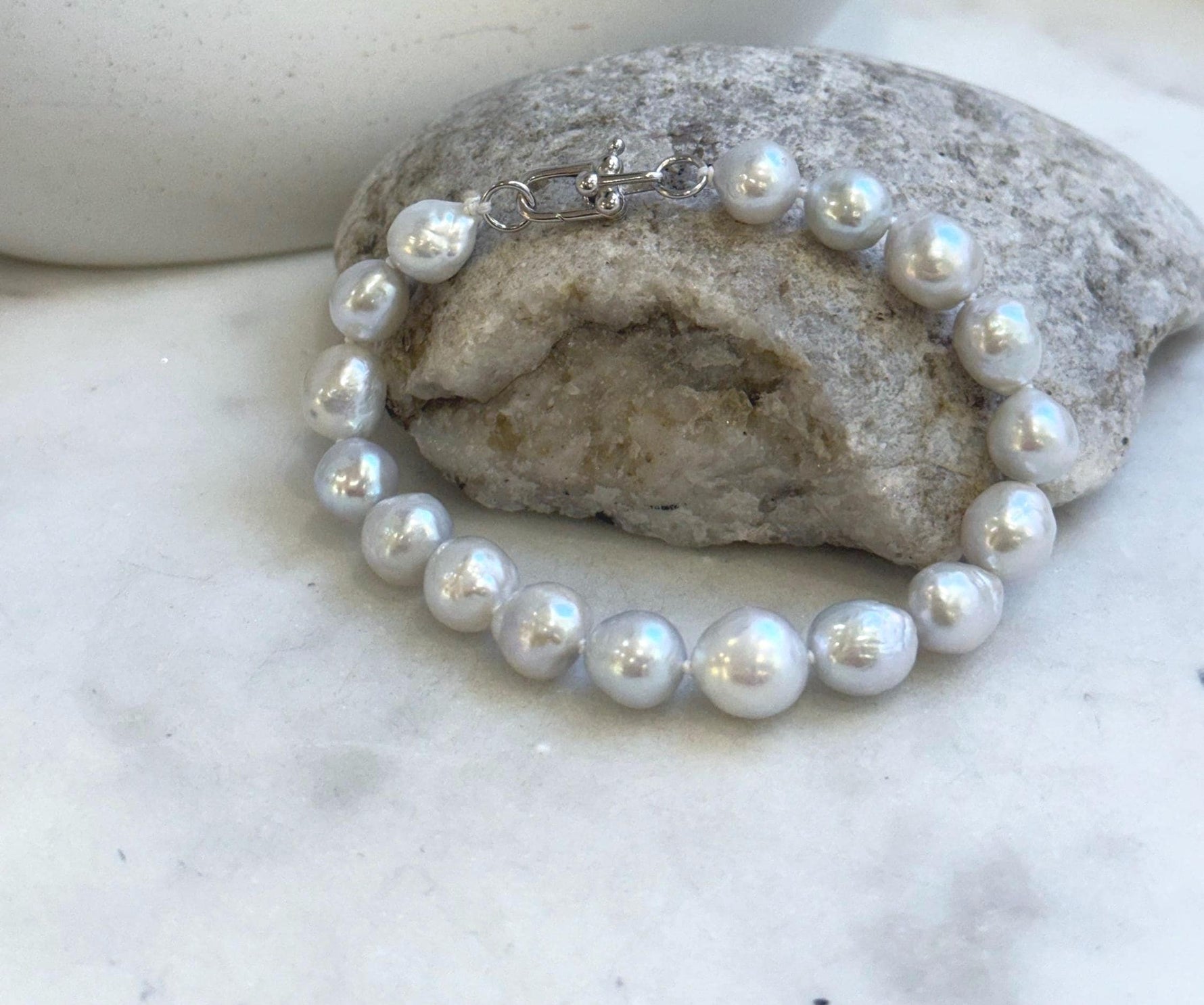 Elly’s 17pcs 8.2-10mm White iridescent crinkle Pearls Bracelet: Extreme luster mirrored, 7.8” knotted, S925 silver Bracelet. gift for her Valentine’s Day