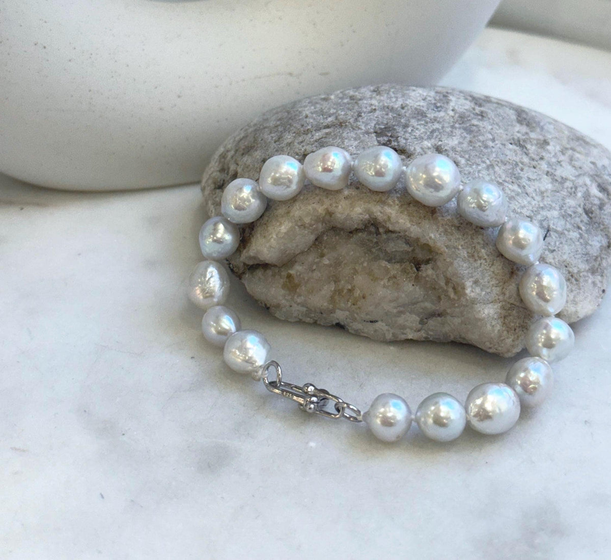 Elly’s 17pcs 8.2-10mm White iridescent crinkle Pearls Bracelet: Extreme luster mirrored, 7.8” knotted, S925 silver Bracelet. gift for her Valentine’s Day