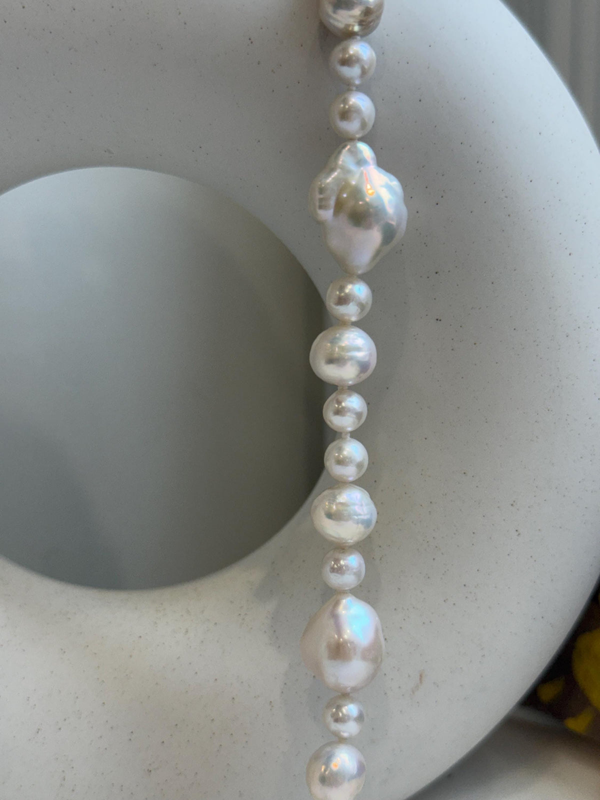 Elly’s 6.4-12.9mm White iridescent Pearls Necklace: Extreme luster, 20.9” knotted, S925 silver Necklace. gift for her