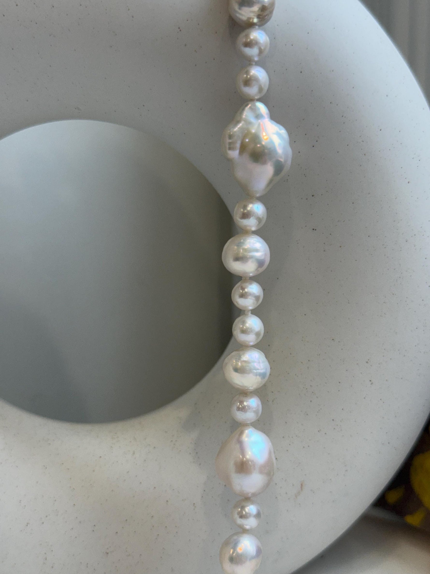 Elly’s 6.4-12.9mm White iridescent Pearls Necklace: Extreme luster, 20.9” knotted, S925 silver Necklace. gift for her