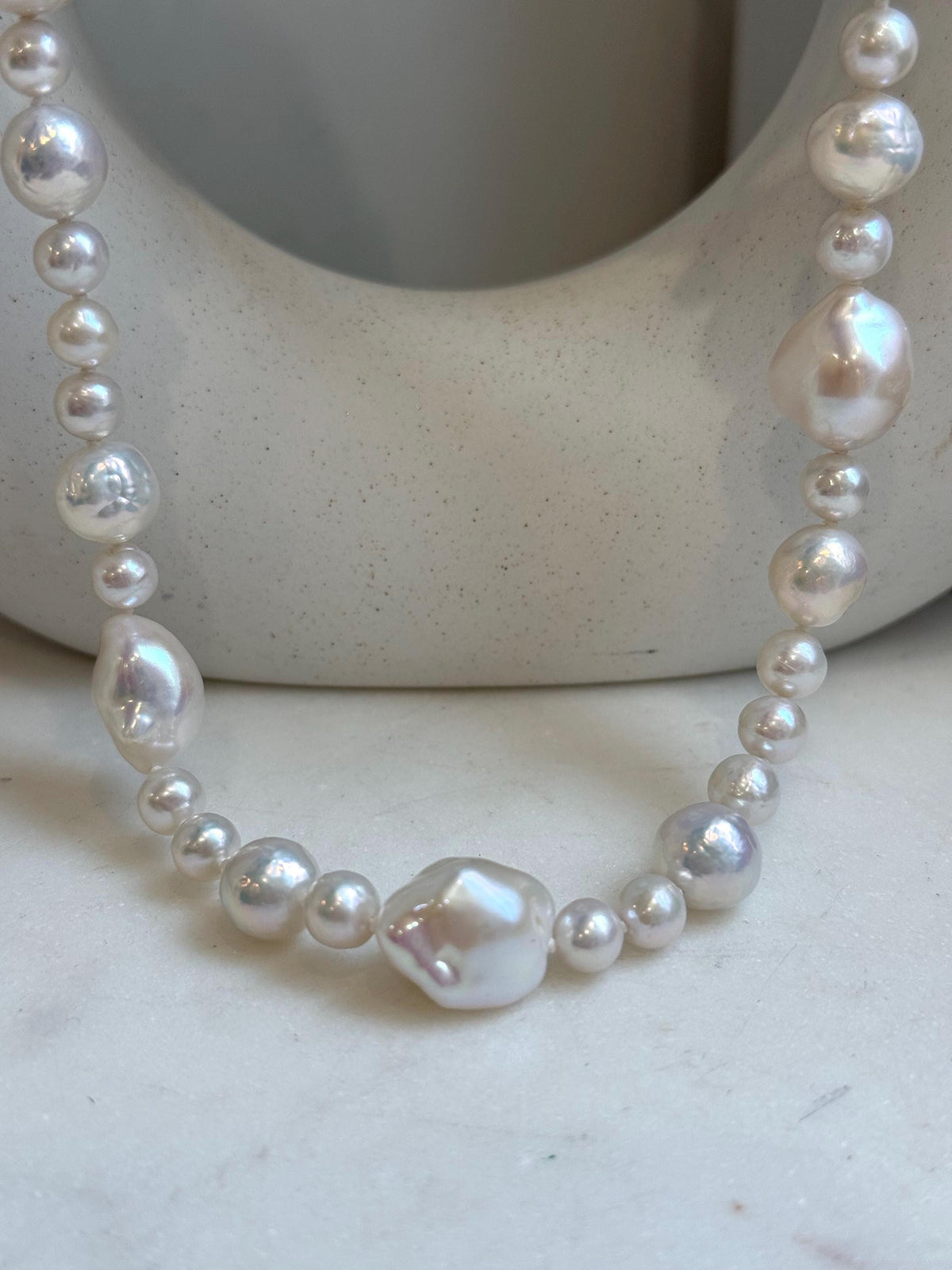 Elly’s 6.4-12.9mm White iridescent Pearls Necklace: Extreme luster, 20.9” knotted, S925 silver Necklace. gift for her