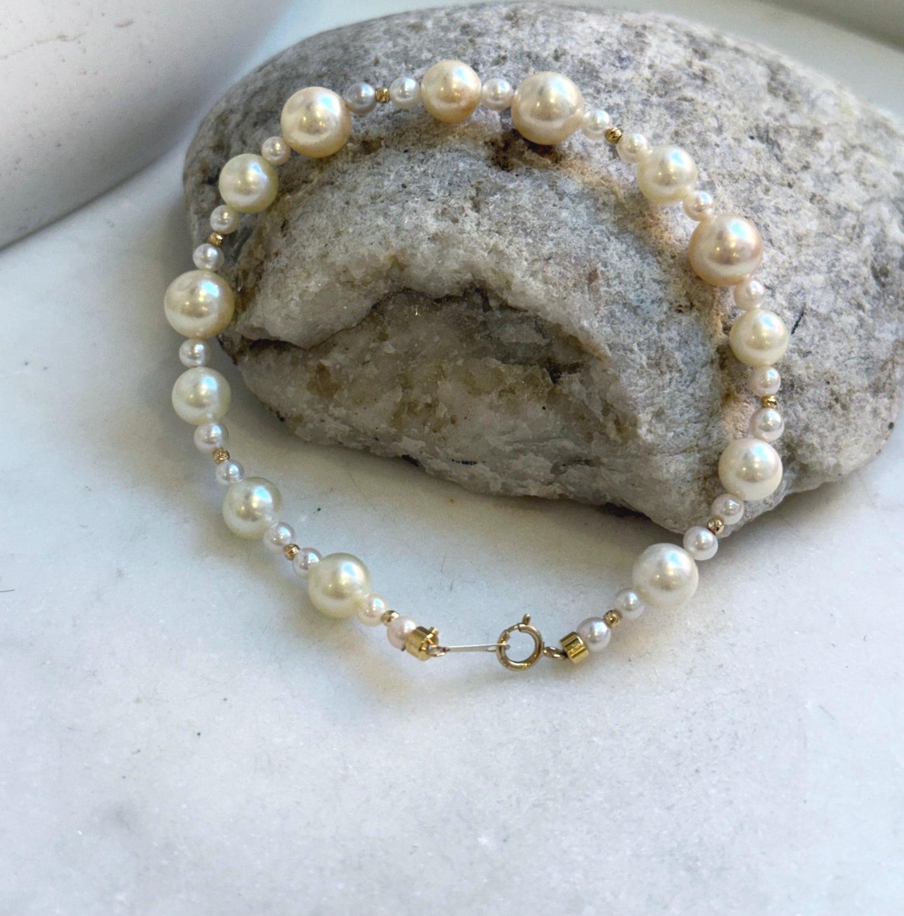 Elly’s Au750 18K gold Akoya Ocean Pearls Bracelet: Extreme luster Mirrored effect, 3.4-7.9mm, 18k Gold beads clips, 7.7” long. gift for her