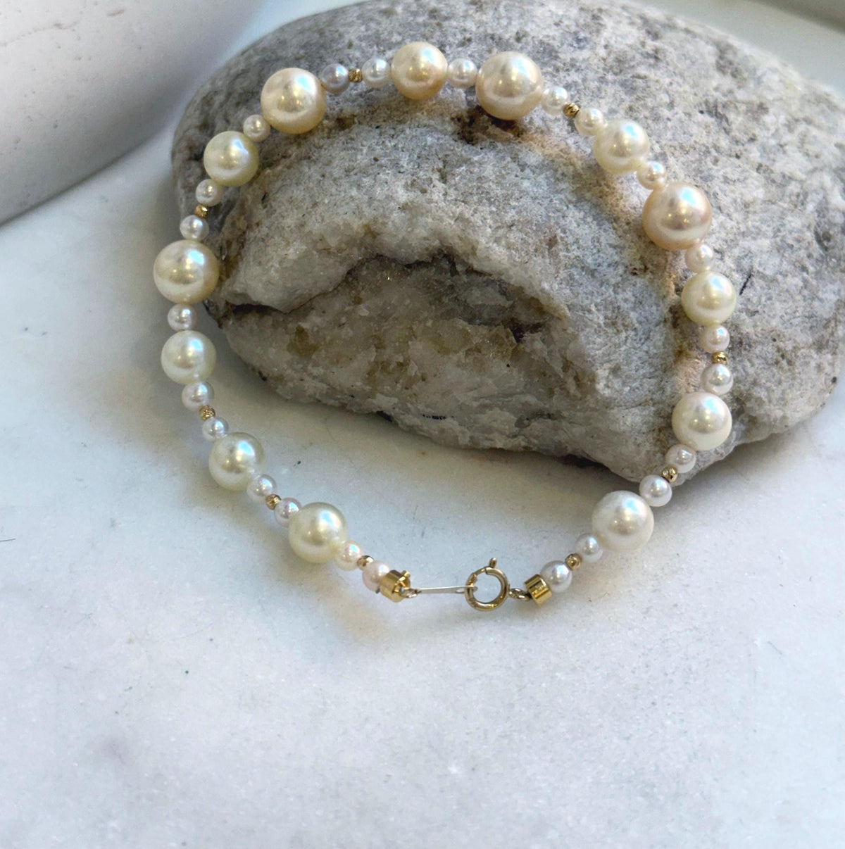 Elly’s Au750 18K gold Akoya Ocean Pearls Bracelet: Extreme luster Mirrored effect, 3.4-7.9mm, 18k Gold beads clips, 7.7” long. gift for her