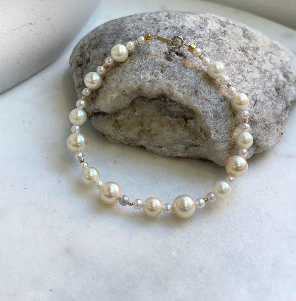 Elly’s Au750 18K gold Akoya Ocean Pearls Bracelet: Extreme luster Mirrored effect, 3.4-7.9mm, 18k Gold beads clips, 7.7” long. gift for her