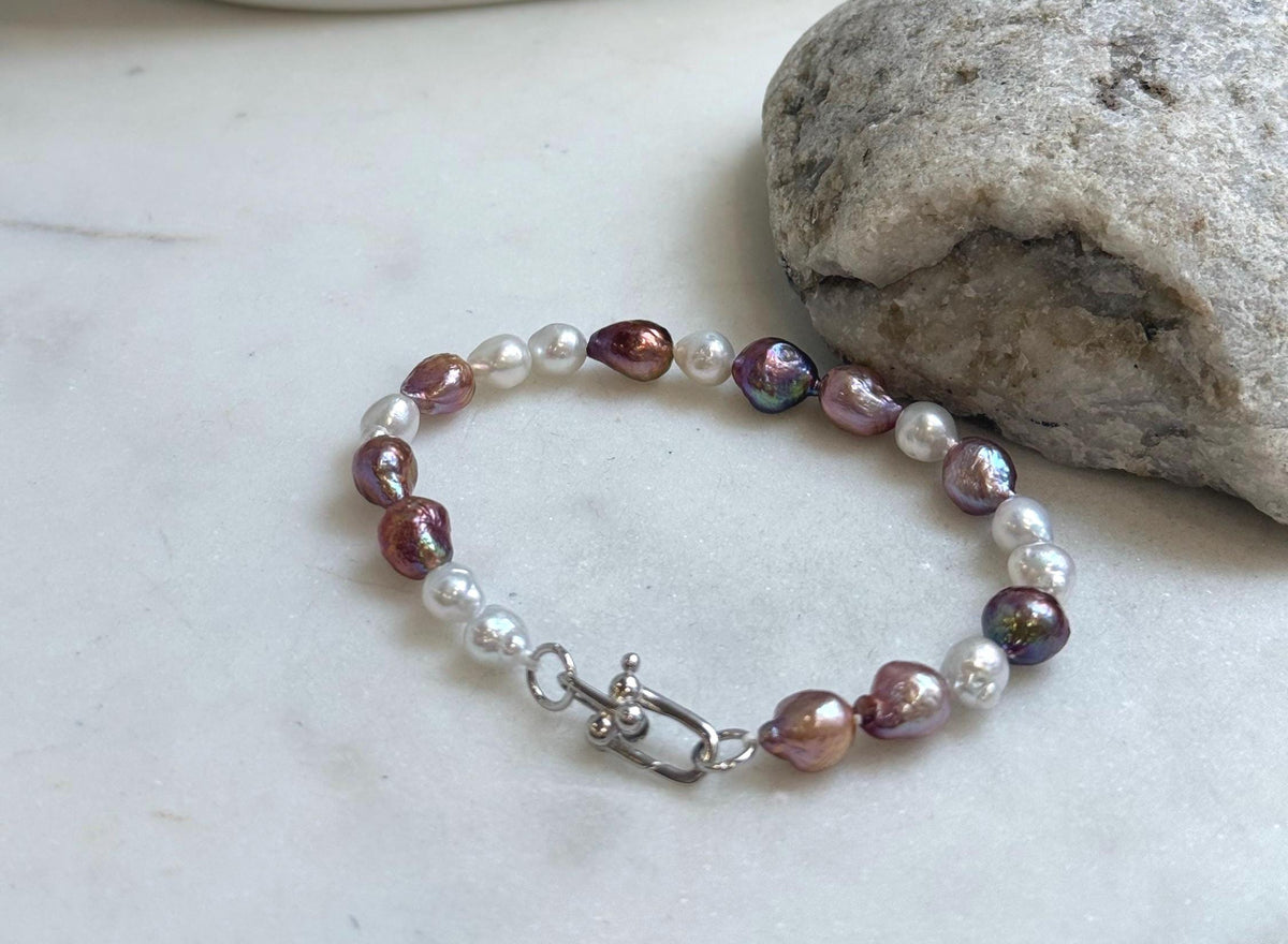 Elly’s 5-7.2mm Freshwater Pearls Bracelet: Extreme luster, 7.2” knotted, S925 silver clip bracelet. gift for her
