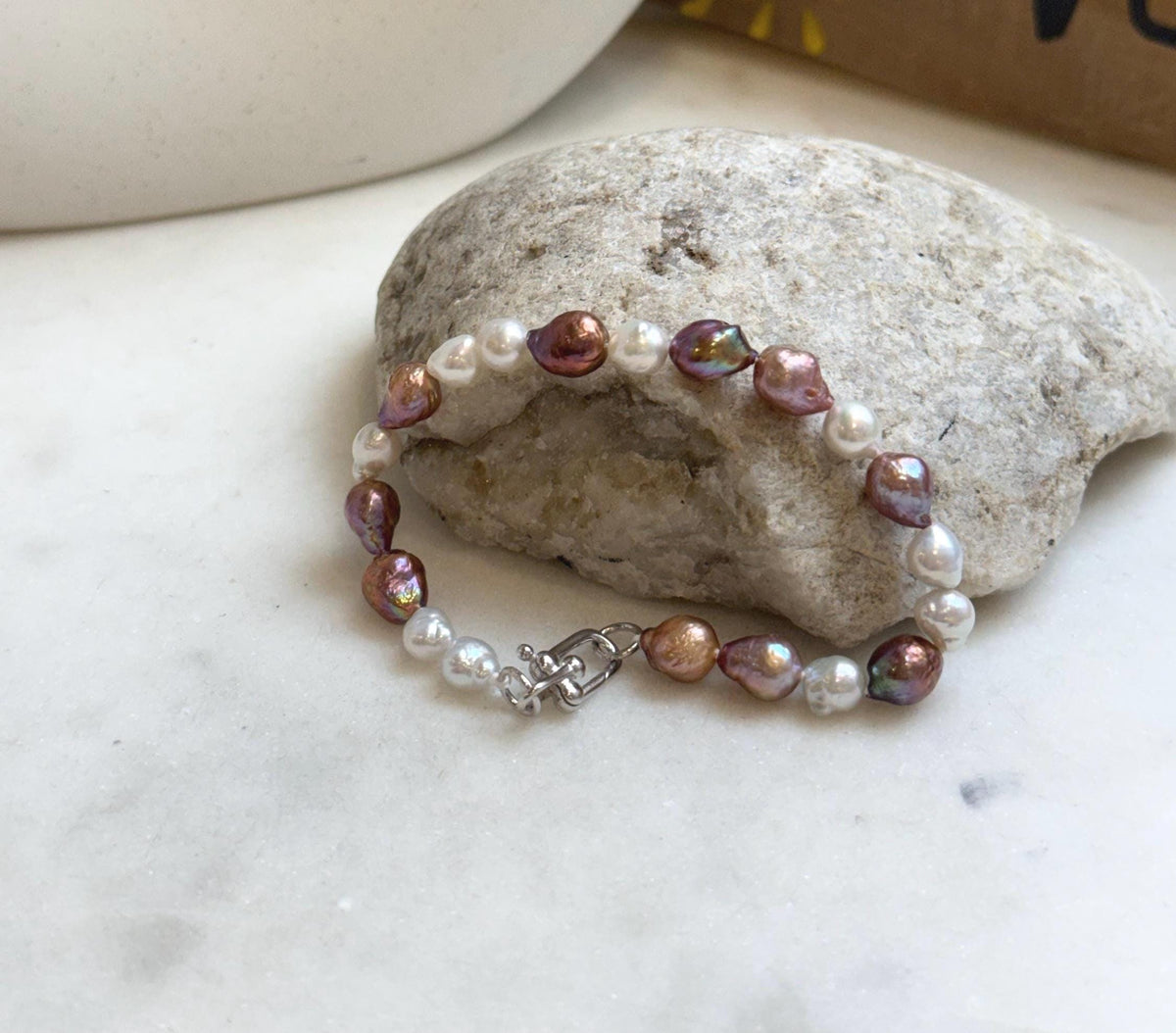 Elly’s 5-7.2mm Freshwater Pearls Bracelet: Extreme luster, 7.2” knotted, S925 silver clip bracelet. gift for her