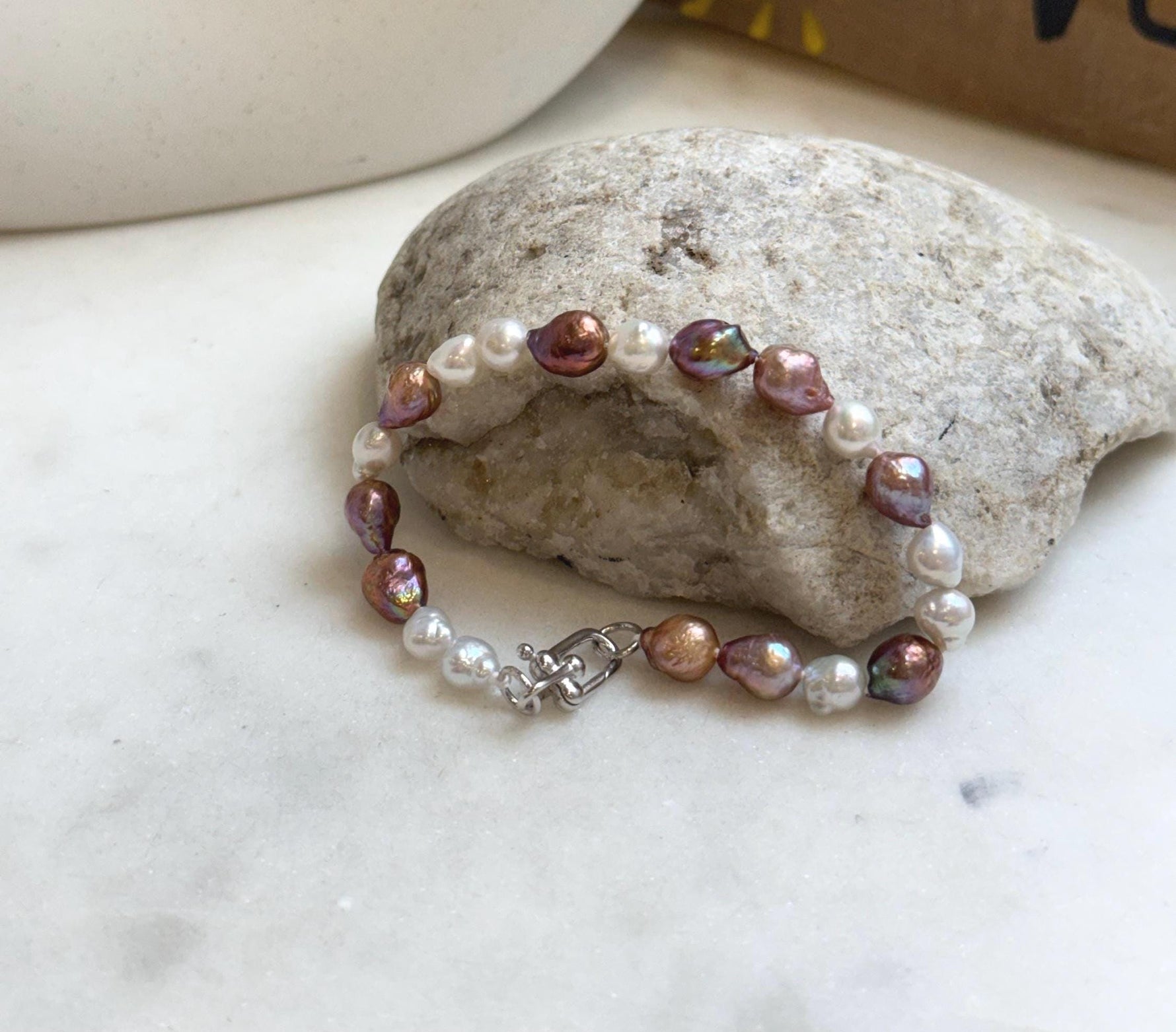 Elly’s 5-7.2mm Freshwater Pearls Bracelet: Extreme luster, 7.2” knotted, S925 silver clip bracelet. gift for her