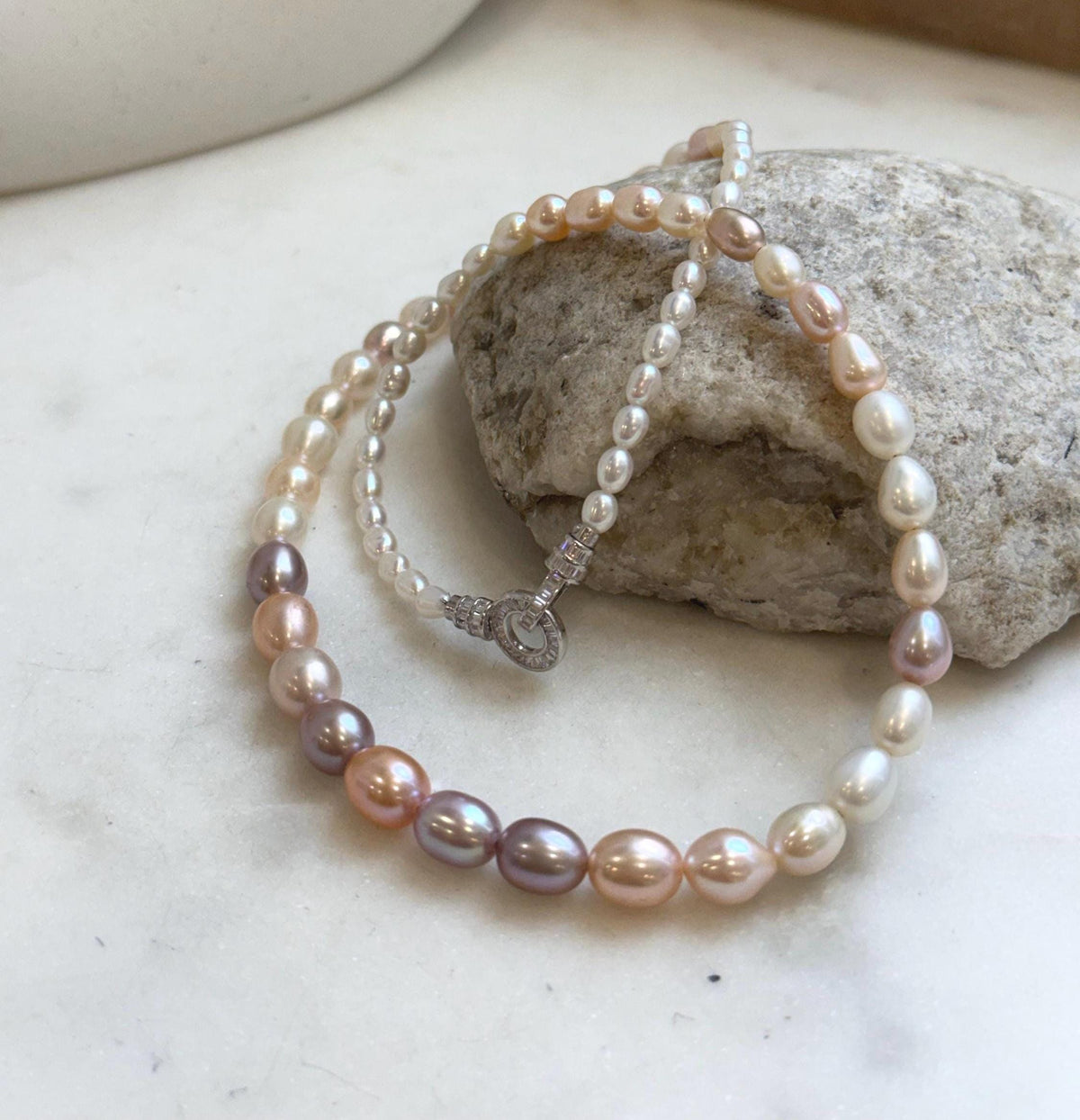 Elly’s Metallic rainbow white Pearls Necklace Strand: 3.8-7.8mm, 18.8”, S925 silver necklace. gift for her anniversary