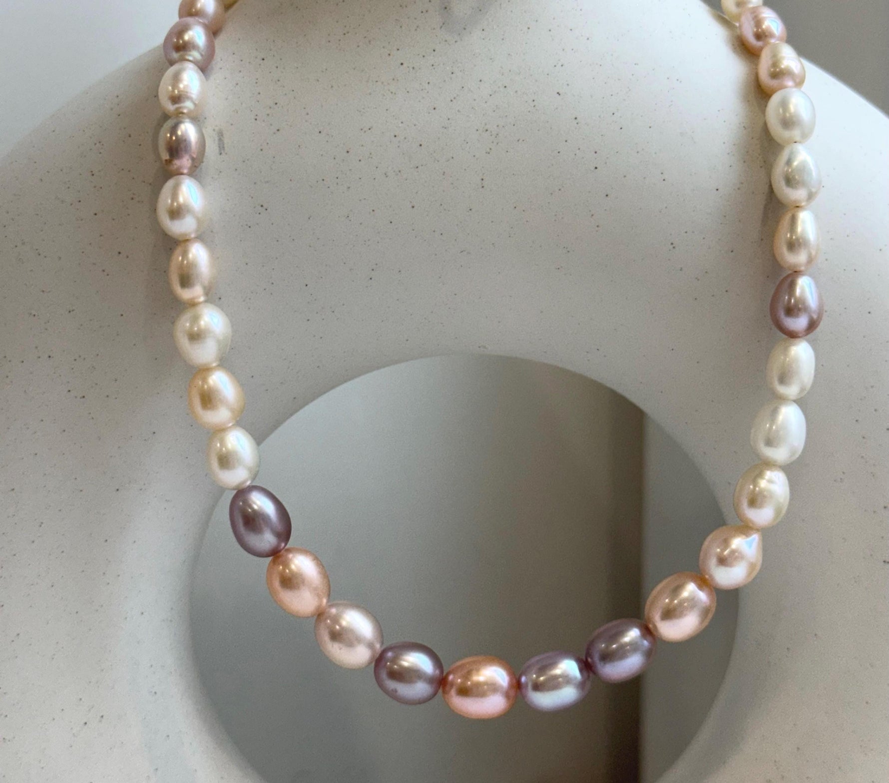 Elly’s Metallic rainbow white Pearls Necklace Strand: 3.8-7.8mm, 18.8”, S925 silver necklace. gift for her daily wear
