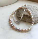 Elly’s Metallic rainbow white Pearls Necklace Strand: 3.8-7.8mm, 18.8”, S925 silver necklace. gift for her