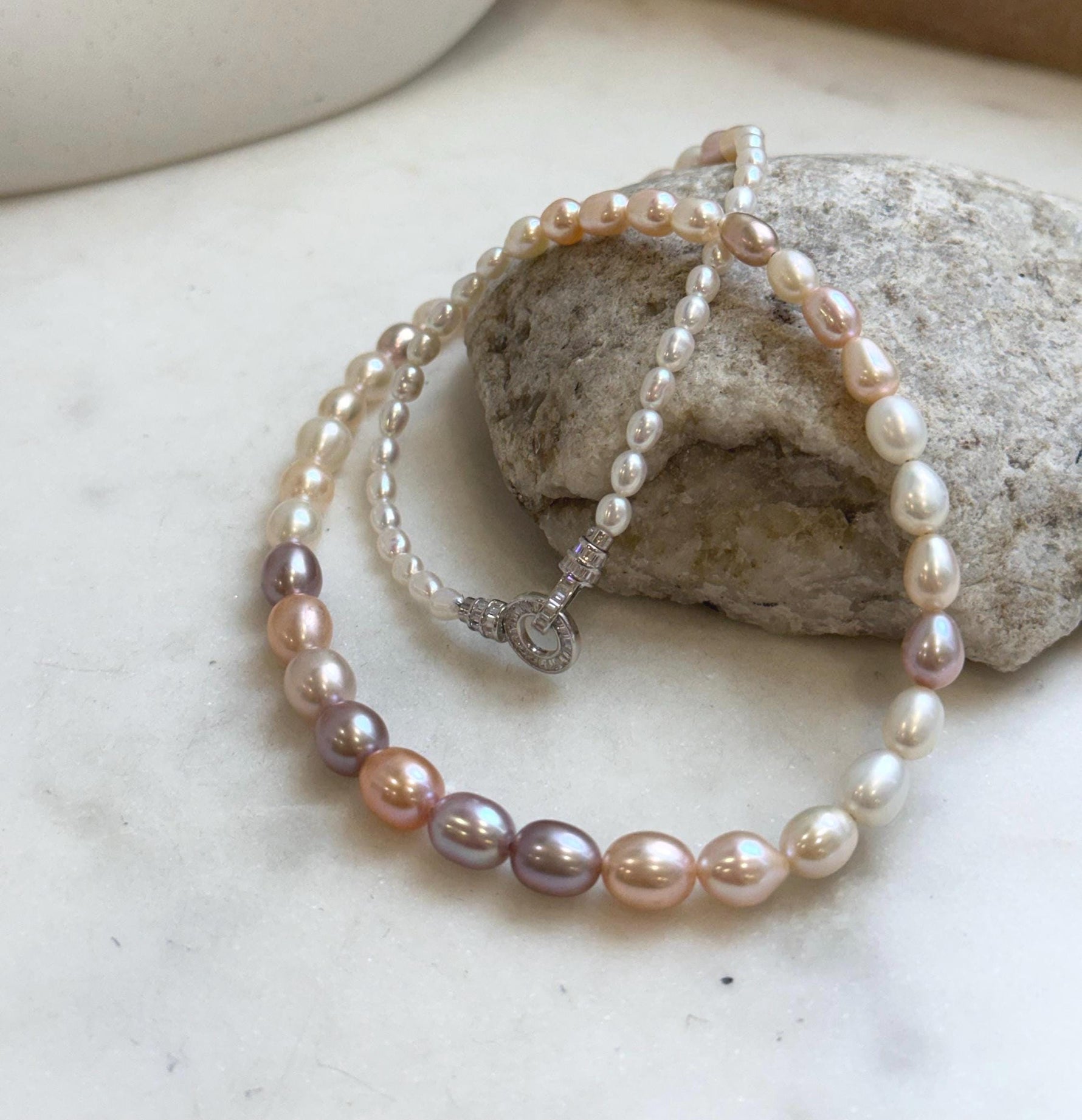 Elly’s Metallic rainbow white Pearls Necklace Strand: 3.8-7.8mm, 18.8”, S925 silver necklace. gift for her