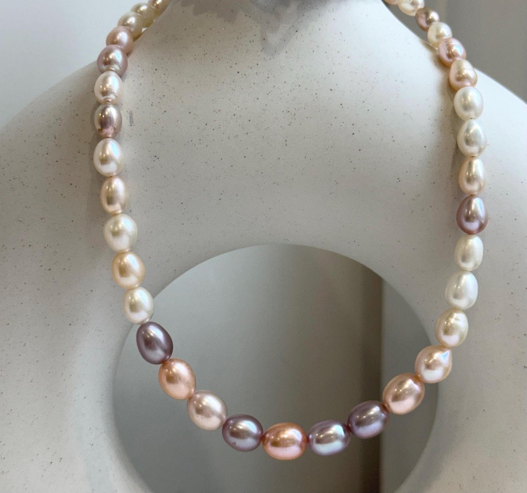 Elly’s Metallic rainbow white Pearls Necklace Strand: 3.8-7.8mm, 18.8”, S925 silver necklace. gift for her