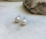 Elly’s 10.5mm White Edison Pearls Earrings Studs: Extreme luster Mirrored, S925 silver minimalist earrings studs.