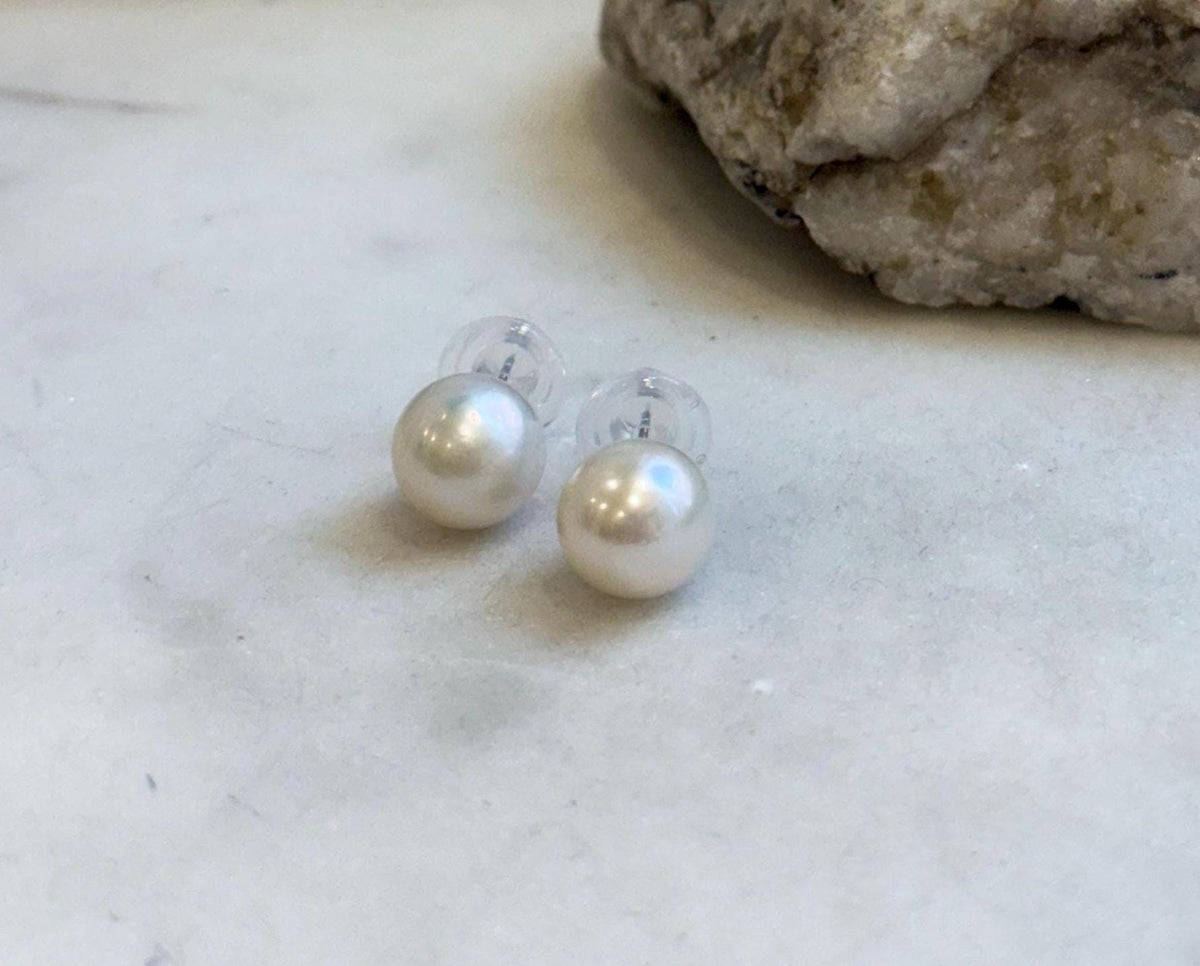 Elly’s 10.5mm White Edison Pearls Earrings Studs: Extreme luster Mirrored, S925 silver minimalist earrings studs.