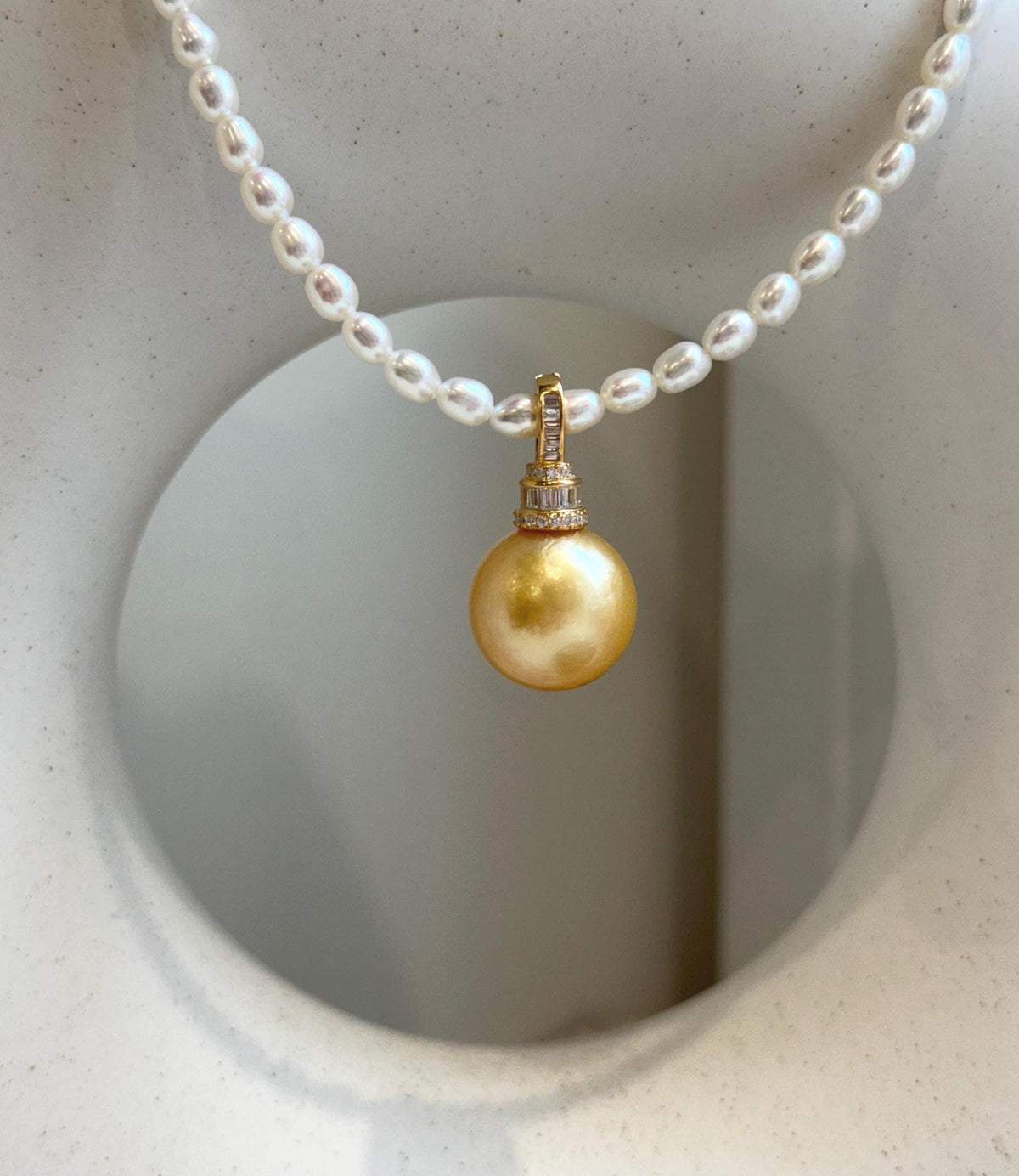 Elly’s South Sea deep Golden ocean Pearl white small pearls Necklace Set: Extreme luster. S925 silver pendant, necklace To 17.9”. gift for her