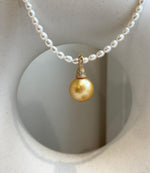 Elly’s South Sea deep Golden ocean Pearl white small pearls Necklace Set: Extreme luster. S925 silver pendant, necklace To 17.9”. gift for her