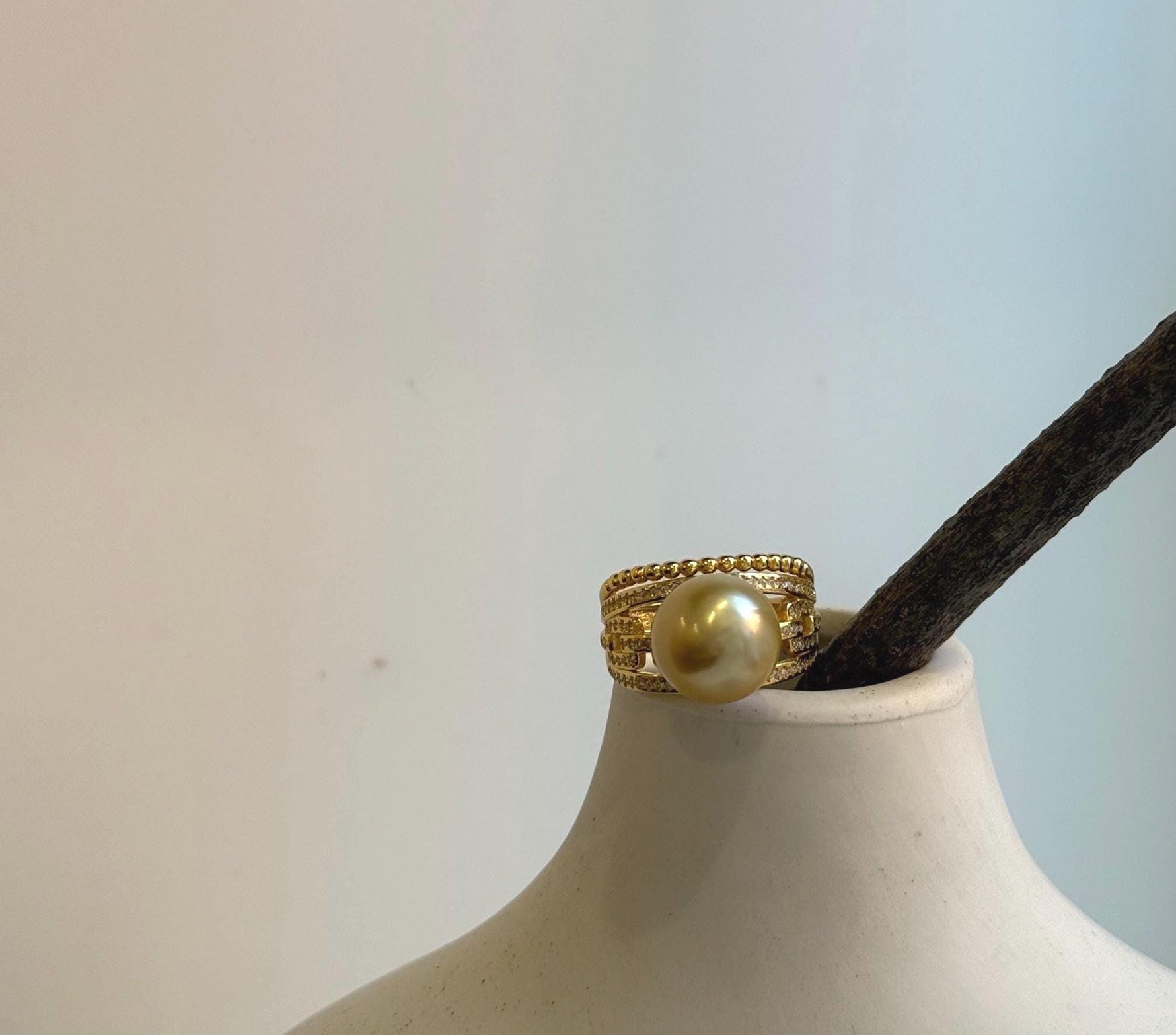 Elly’s 11.7mm South sea deep golden ocean pearl Ring: Extreme luster mirrored, S925 silver with gold plated adjustable Vintage Ring. gift for her