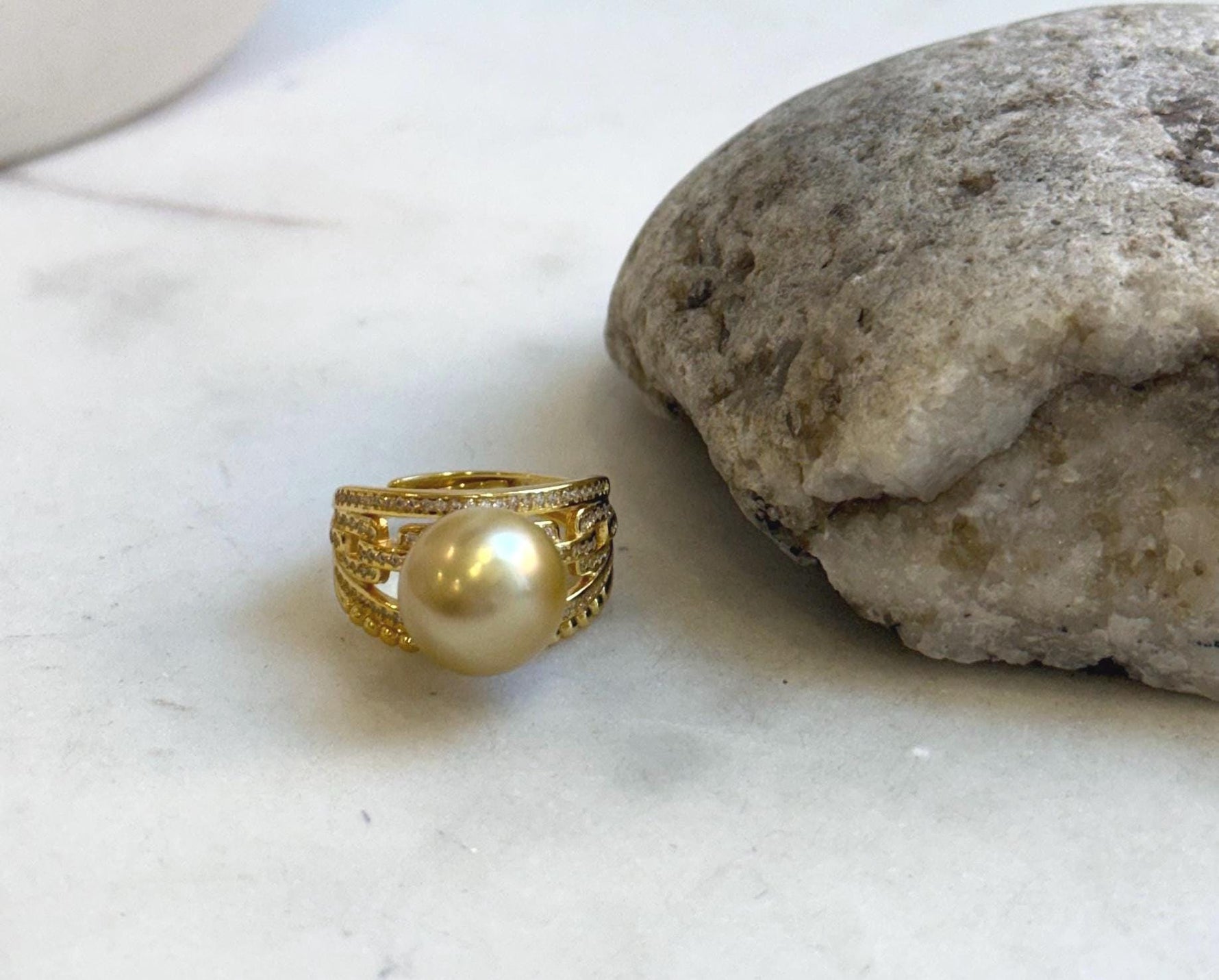 Elly’s 11.7mm South sea deep golden ocean pearl Ring: Extreme luster mirrored, S925 silver with gold plated adjustable Vintage Ring. gift for her