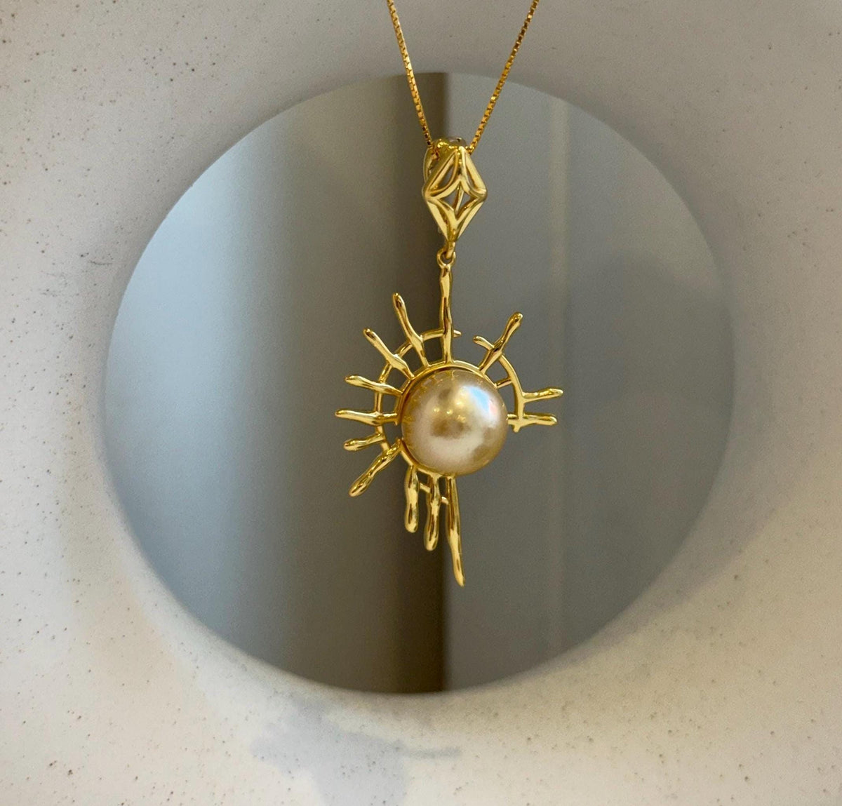 Elly’s 11.4mm South sea golden Pearl pendant: Extreme luster mirrored, ultra gold pearl, 4.9cm high, S925 silver Sun pendant chain set. gift for her