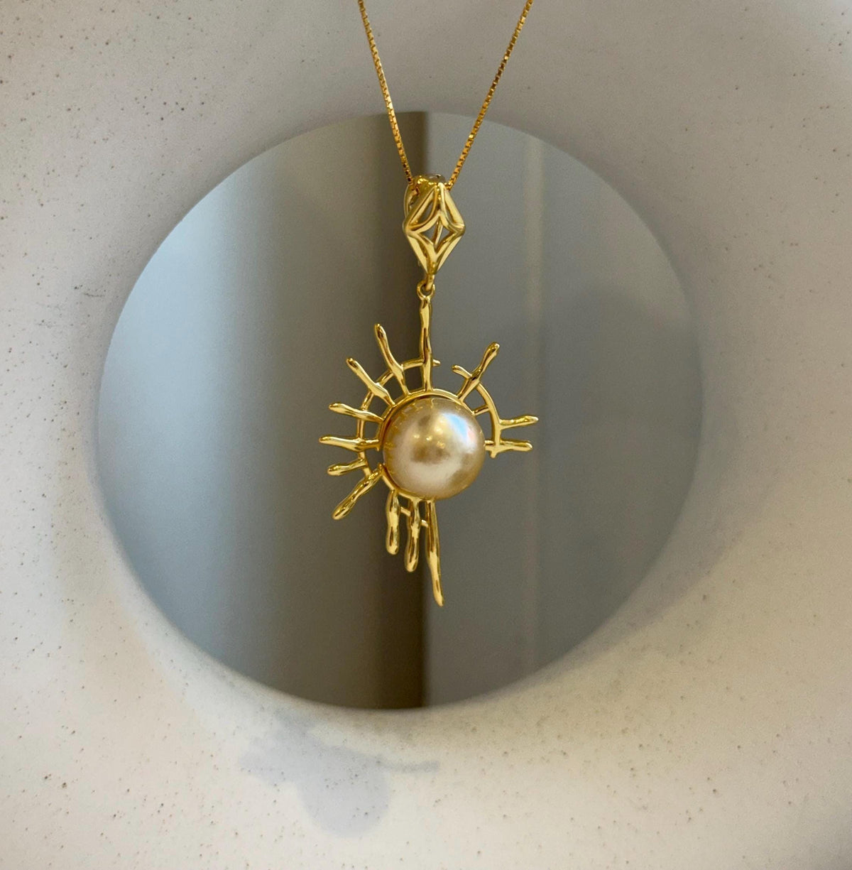Elly’s 11.4mm South sea golden Pearl pendant: Extreme luster mirrored, ultra gold pearl, 4.9cm high, S925 silver Sun pendant chain set. gift for her