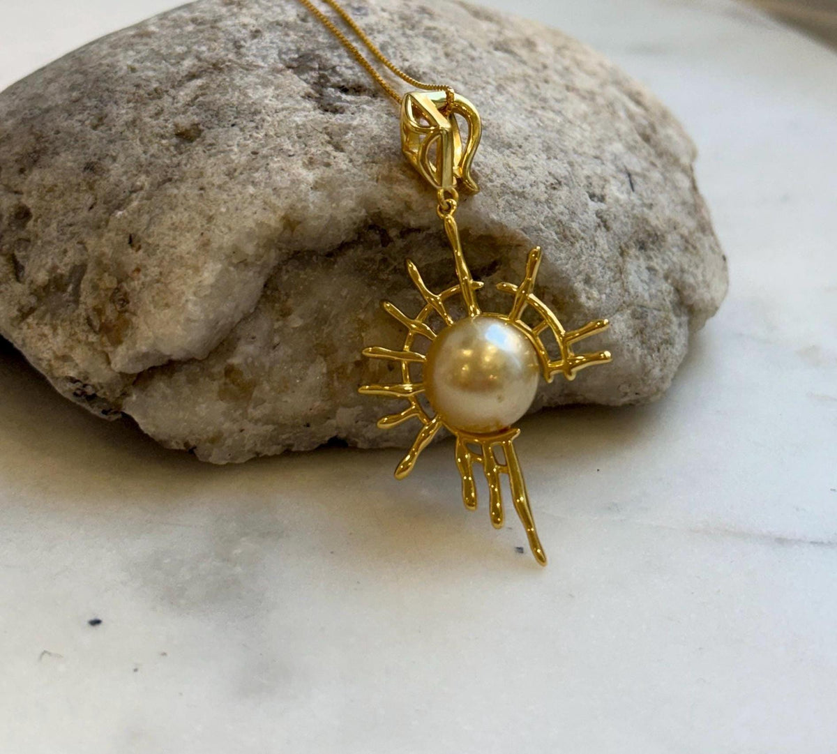 Elly’s 11.4mm South sea golden Pearl pendant: Extreme luster mirrored, ultra gold pearl, 4.9cm high, S925 silver Sun pendant chain set. gift for her