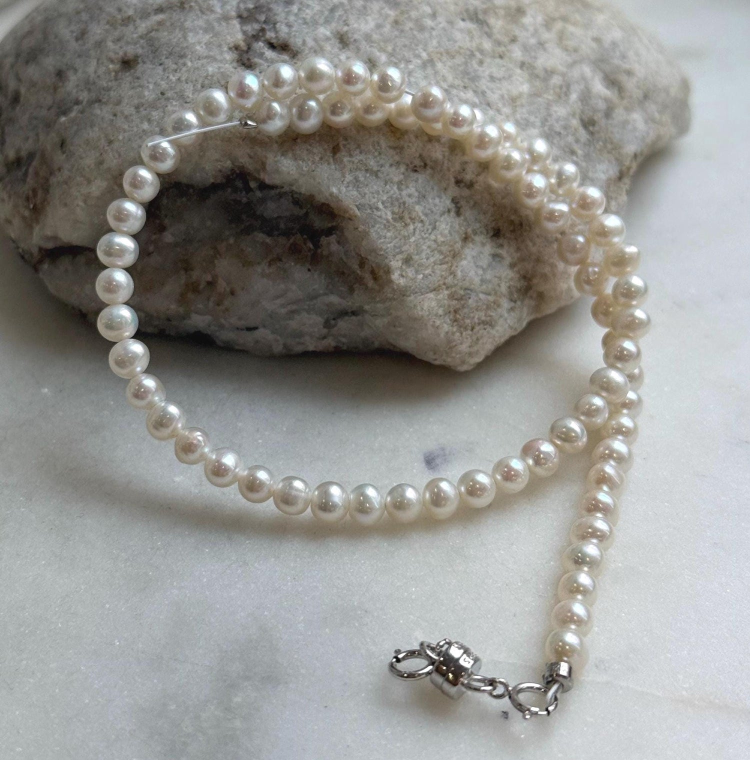 Elly’s white small Pearls Bracelet: Extreme luster mirrored, 4.4-4.8mm, S925 silver magnetic clips Bracelet.daily pearl bracelet