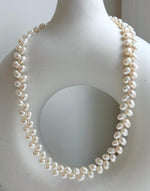 Elly’s White rice Keshi Pearls wheat design Necklace: Extreme luster Mirrored effect, 5-5.5mm, S925 silver clips, to 17.7”long.