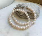 Elly’s 7.7-8.7mm 47pcs Akoya Ivory w/ pink hue ocean pearls necklace choker: Extreme luster mirrored, knotted, 18.2”, S925 silver necklace. gift for her anniversary