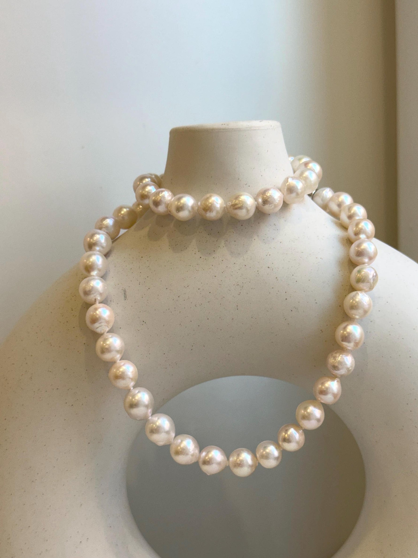 Elly’s 7.7-8.7mm 47pcs Akoya Ivory w/ pink hue ocean pearls necklace choker: Extreme luster mirrored, knotted, 18.2”, S925 silver necklace. gift for her