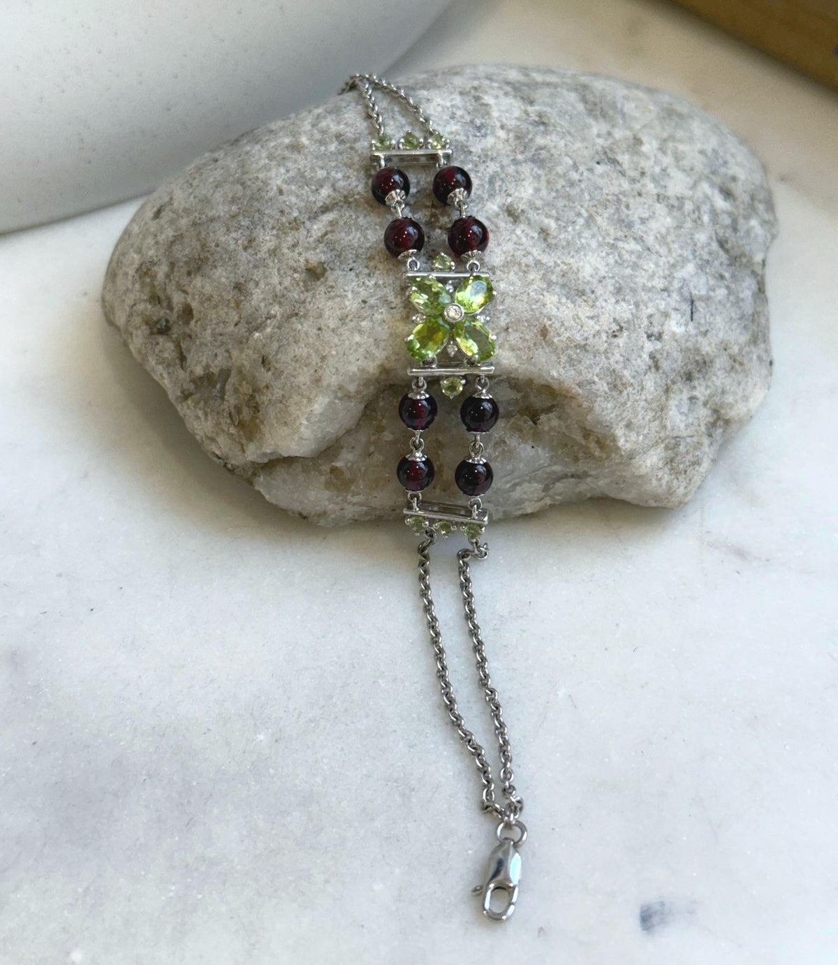 Elly’s Genius Gemstone Garnet Olivine Braclet, 1cm wide, 7.5”, S925 silver bracelet set, with extra S925 silver magnetic clips. gift for her