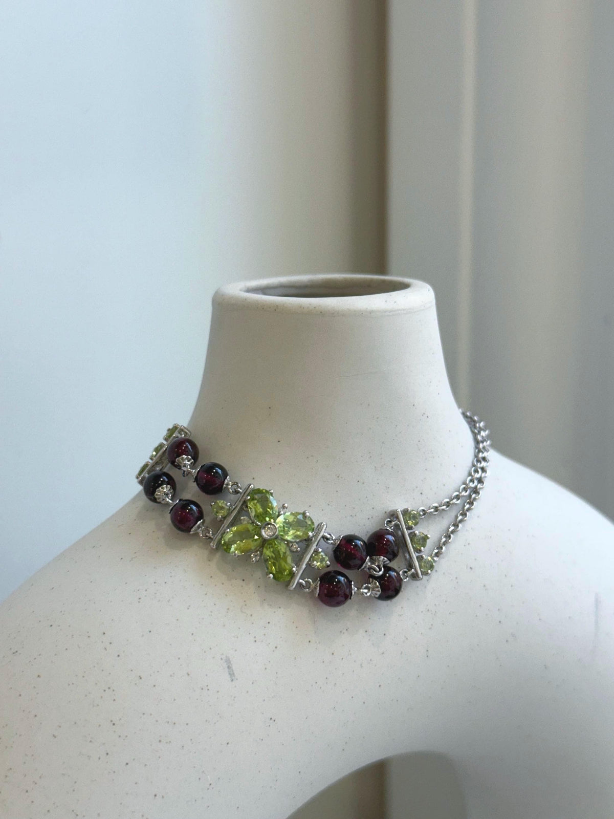 Elly’s Genius Gemstone Garnet Olivine Braclet, 1cm wide, 7.5”, S925 silver bracelet set, with extra S925 silver magnetic clips. gift for her