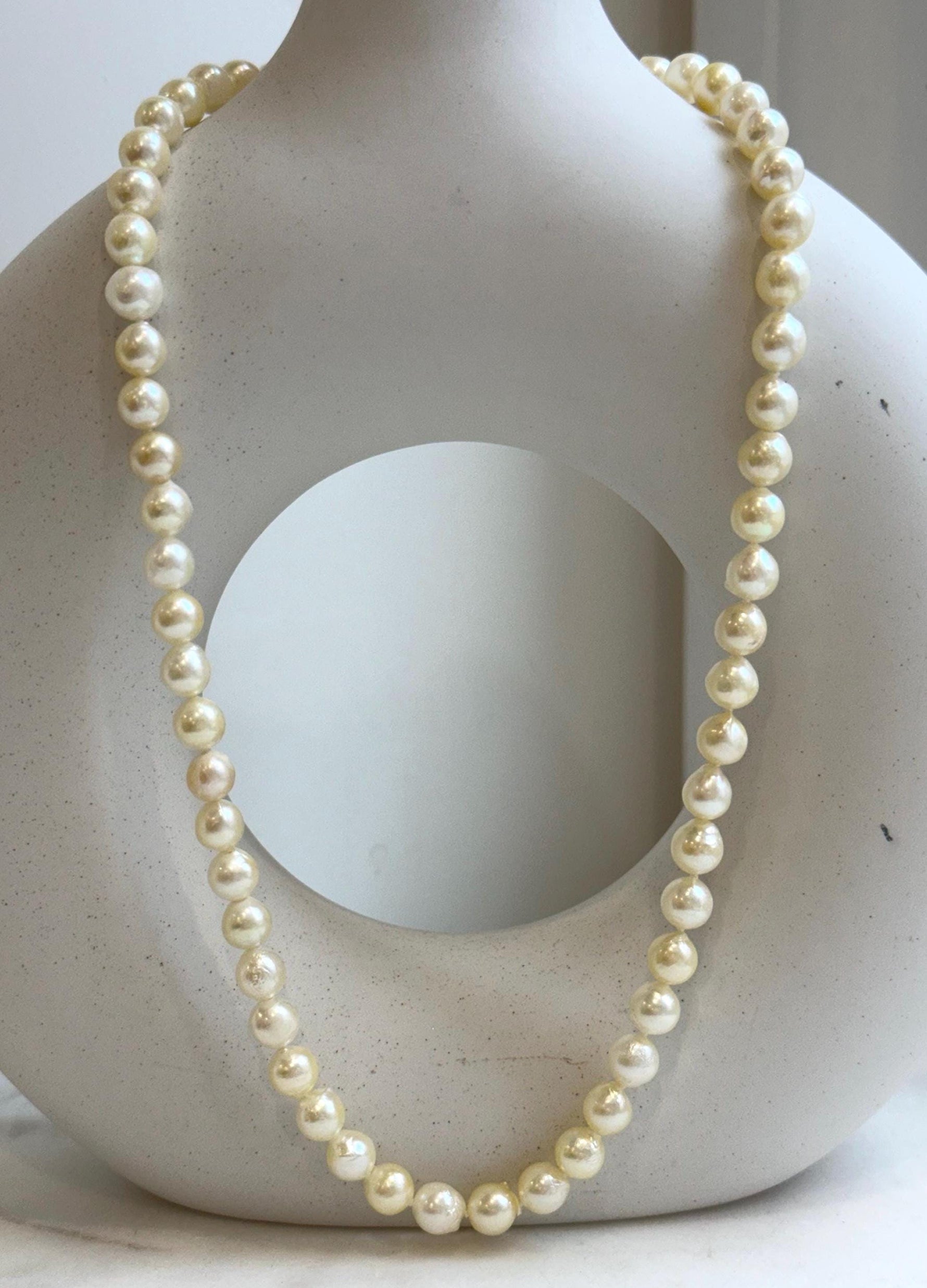 Elly’s 7-7.4mm 59pcs Akoya light golden ocean pearls necklace:Extreme luster mirrored, knotted, 18.7”, S925 silver necklace strand. gift for her
