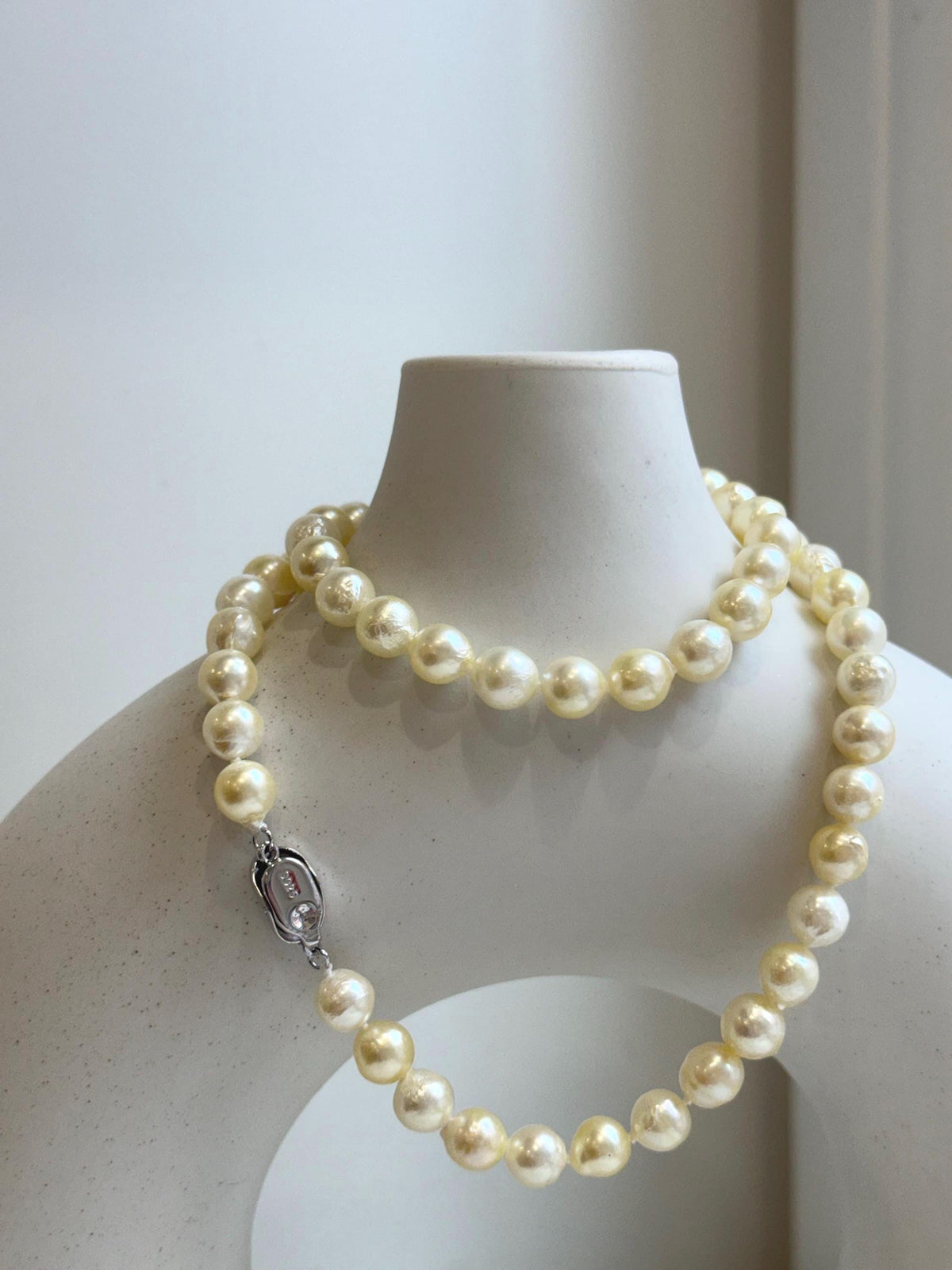 Elly’s 7-7.4mm 59pcs Akoya light golden ocean pearls necklace:Extreme luster mirrored, knotted, 18.7”, S925 silver necklace strand. gift for her