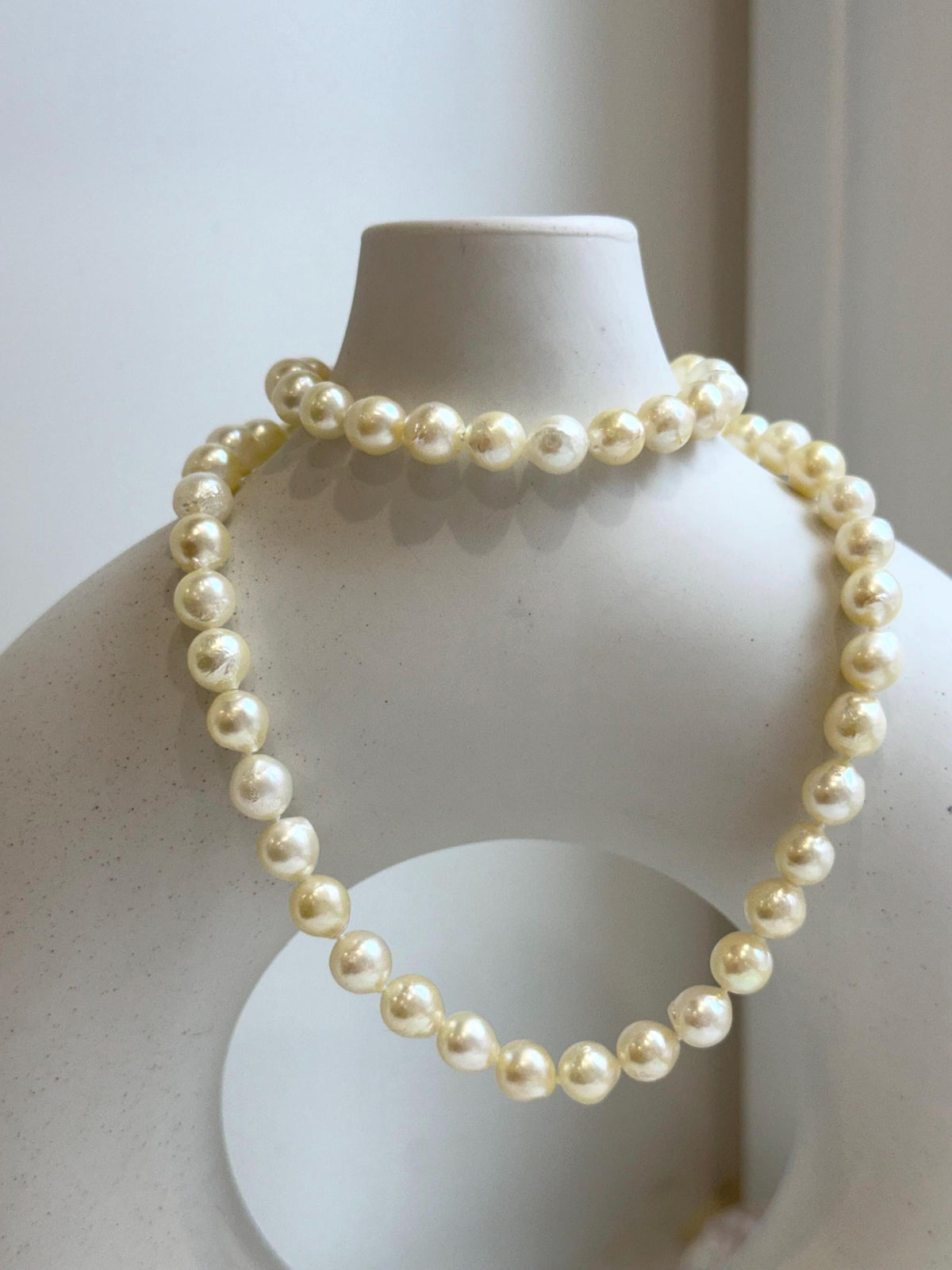 Elly’s 7-7.4mm 59pcs Akoya light golden ocean pearls necklace:Extreme luster mirrored, knotted, 18.7”, S925 silver necklace strand. gift for her