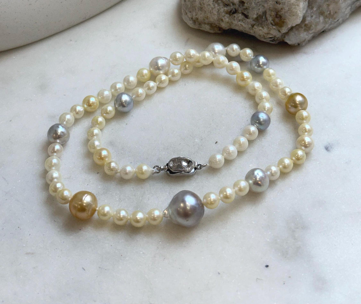 Elly’s 5.7-12.3mm Tahitian South sea gold Akoya ocean pearls necklace:Extreme luster mirrored, knotted, 18.7”, S925 silver necklace strand. gift for her Valentine’s Day