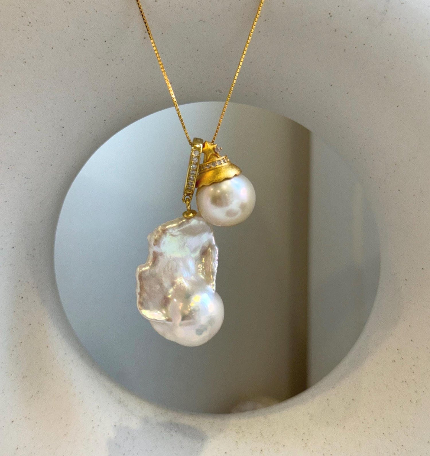 Elly’s 2 items Set White Iridescent baroque pearl, white Edison Pendant:Extreme luster, S925 silver pendant chain set. gift for her