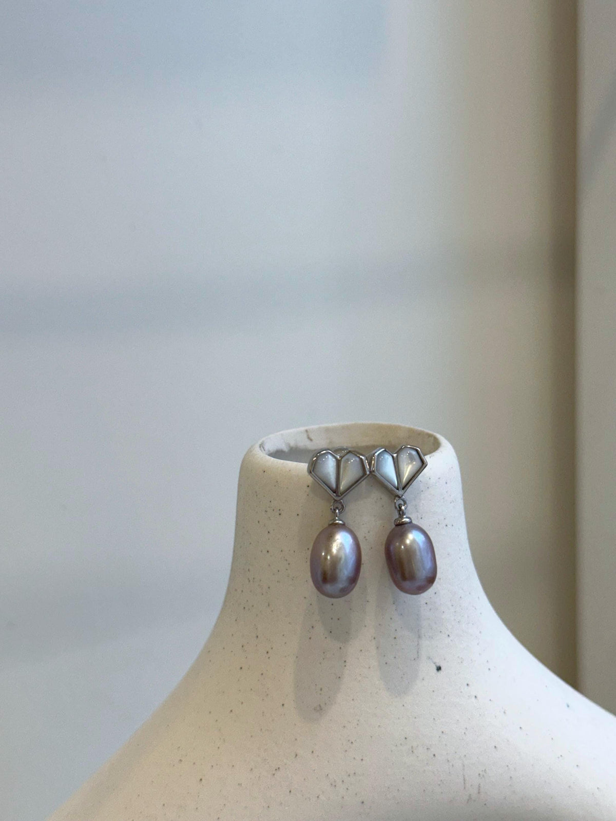 Elly’s Lavender purple pearls Heart earrings: Extreme luster mirrored, 7.8mm, S925 silver earrings.