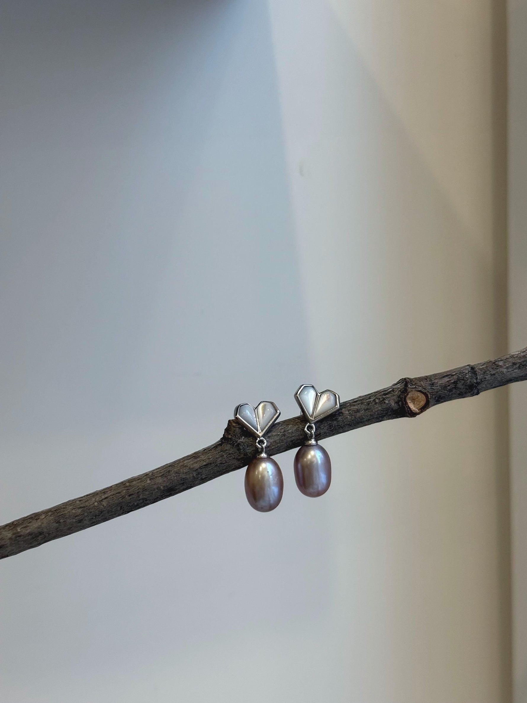 Elly’s Lavender purple pearls Heart earrings: Extreme luster mirrored, 7.8mm, S925 silver earrings.
