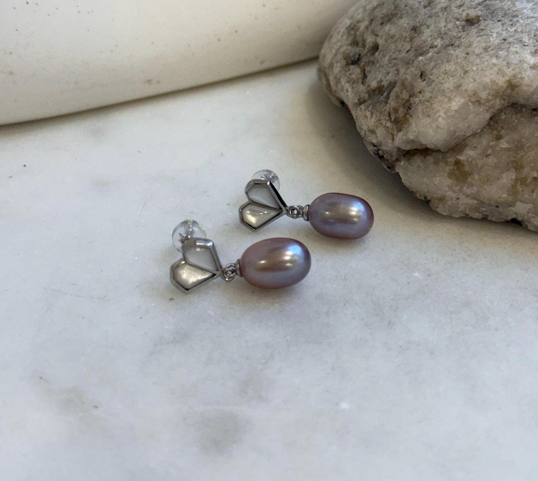 Elly’s Lavender purple pearls Heart earrings: Extreme luster mirrored, 7.8mm, S925 silver earrings.